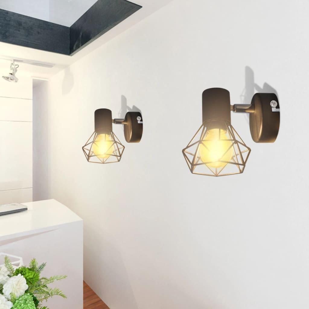 2 Black Industrial Style Wire Frame Wall Sconce With Led Filament Bulb