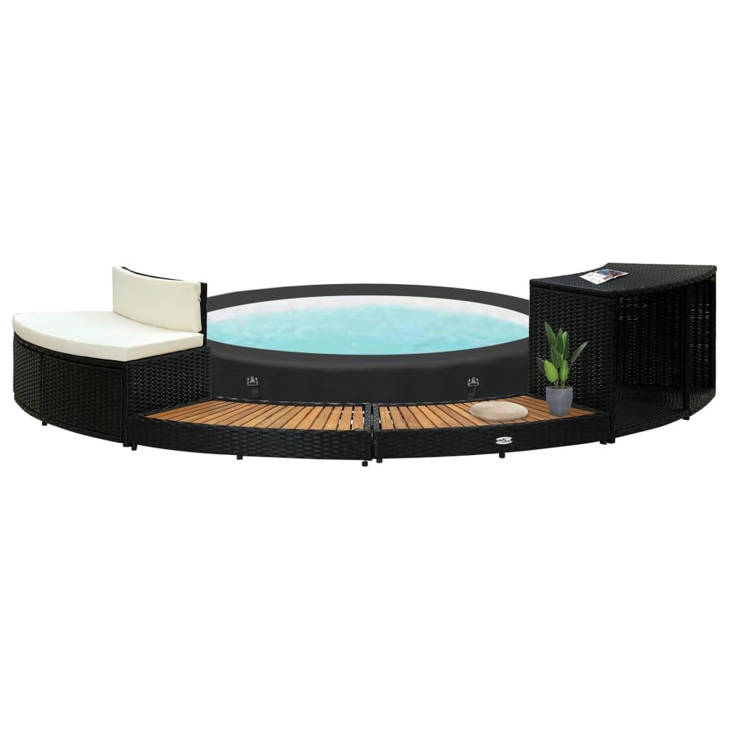 Spa Surround Black Poly Rattan And Solid  Acacia Wood