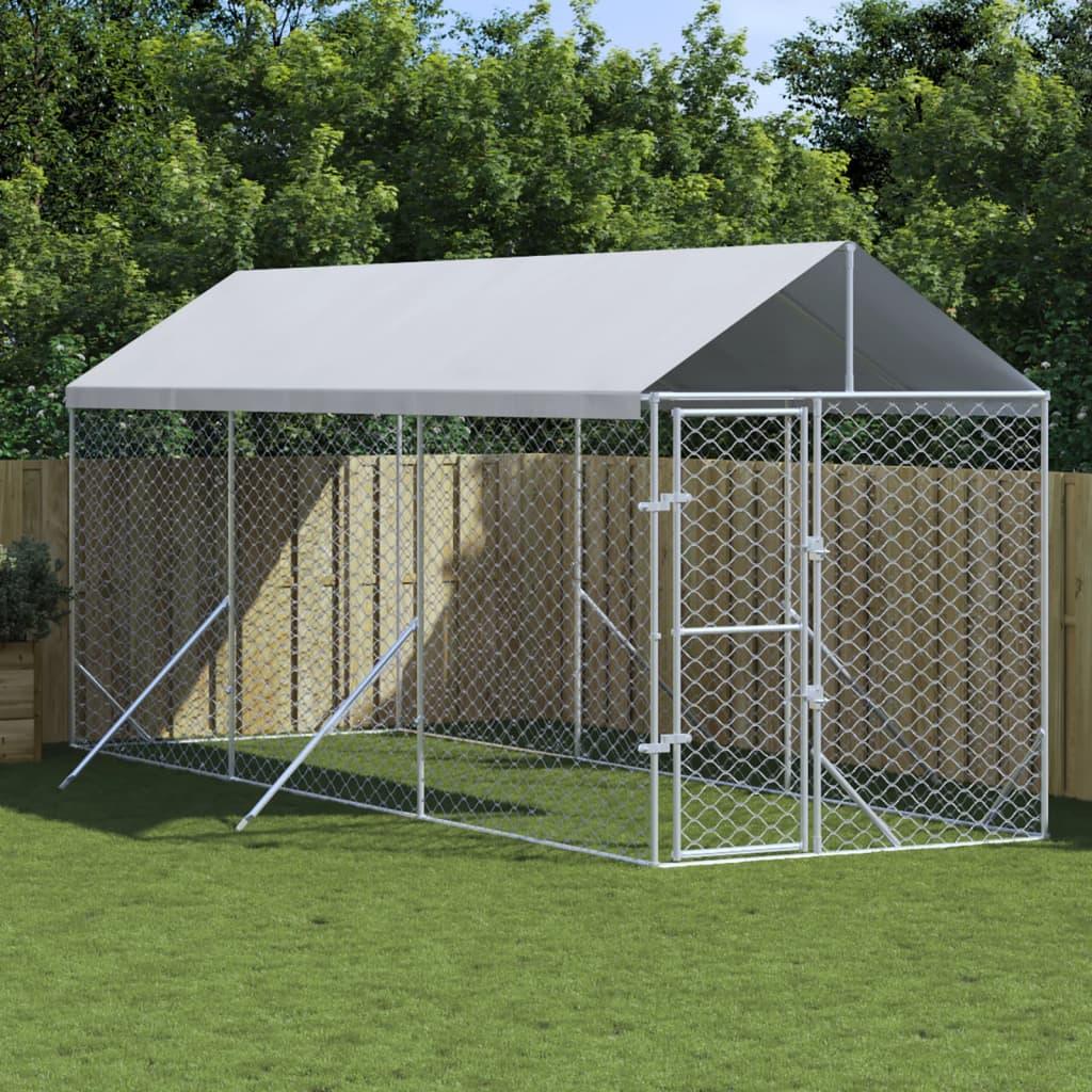 Outdoor Dog Kennel With Roof Silver Galvanised Steel